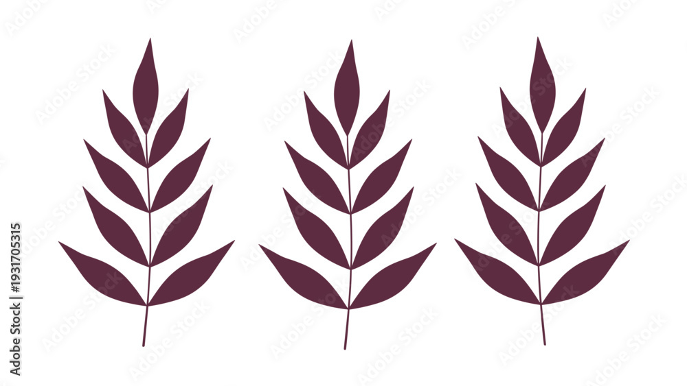 Obraz premium Three identical purple leaf stems are illustrated with a clean and simple design, making them ideal for creating patterns or accenting floral art.