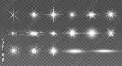 Collection of sparkling light effects and starbursts on transparent background