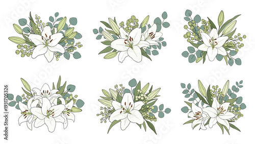 Set of six delicate floral bouquets features white lilies with assorted green leaves and berries for a classic and elegant botanical collection.