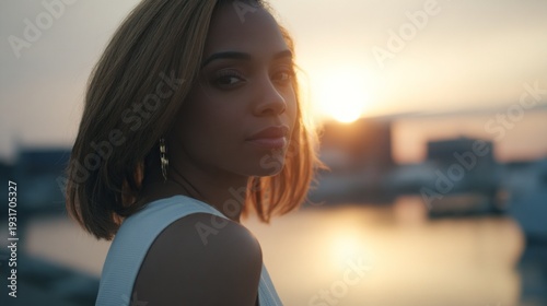 A straight-haired woman captured in a cinematic snapshot, with the city in the background, under the warm golden hour light.
