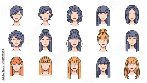 Comprehensive set of fifteen female avatar icons displays a variety of hairstyles, hair colors, and facial expressions in a clean modern style.