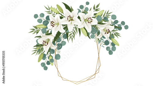 Elegant geometric gold frame is beautifully decorated with white lilies and eucalyptus branches for a modern and sophisticated floral invitation.
