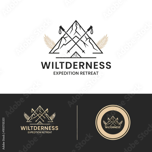 A minimalist logo design featuring crossed hiking poles and mountain peaks, symbolizing wilderness expeditions and retreats.
