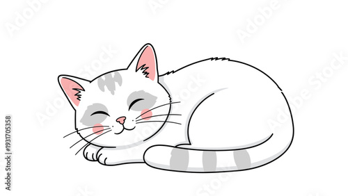 Adorable illustration of a white cat with grey spots and pink cheeks sleeping peacefully, creating a warm and cozy atmosphere for projects.