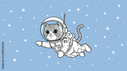 Whimsical illustration features a cute cat wearing an astronaut suit and helmet floating through a starry blue space filled with white stars.