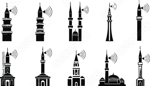 Black silhouette collection of Islamic minaret towers with loudspeakers, mosque architectural elements vector icons for call to prayer and religion.