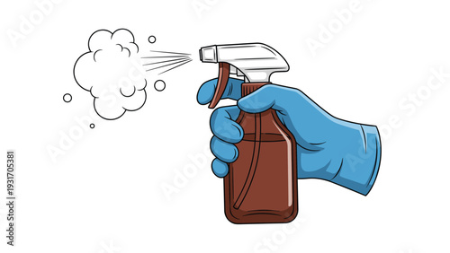 Simple illustration shows a hand wearing a blue protective glove holding a brown spray bottle for cleaning and disinfecting household areas.
