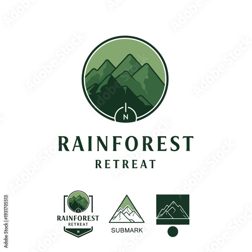 Rainforest Retreat Logo Design with Mountain Landscape.