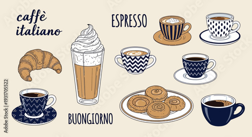 Italian coffee and pastry assortment espresso cappuccino croissant and cookies