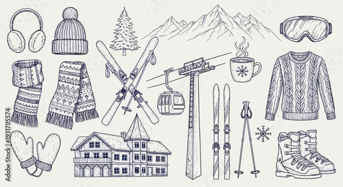 Winter sports equipment and cozy accessories in a hand drawn sketch style