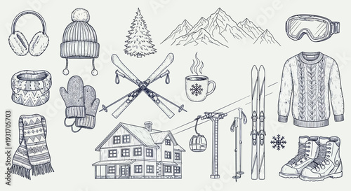 Winter accessories ski equipment and a snowy mountain scene illustration