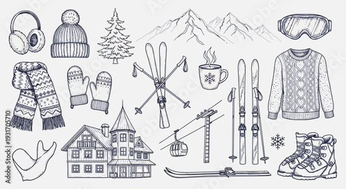 Winter themed hand drawn sketch with ski equipment and cozy apparel