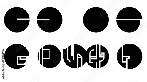 Abstract Black Circles with White Geometric Letterforms and Symbols