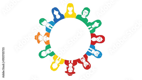 Diverse group of people icons forming a circle around a central space