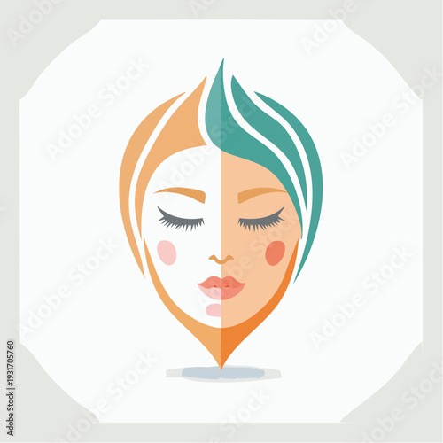 Abstract illustration of a woman's face with closed eyes and split hair color