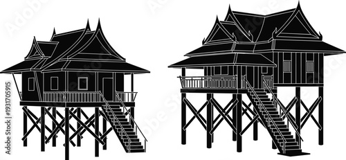Traditional stilt house silhouettes collection, Southeast Asian architecture icons, elevated wooden homes, cultural building design set, vector illustration pack