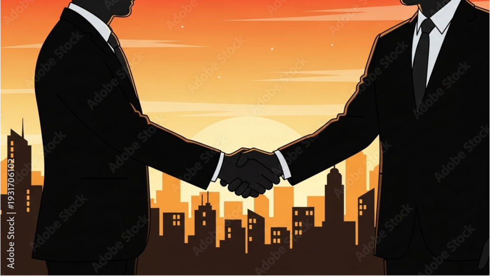 Fototapeta premium Two businessmen shaking hands in front of a city skyline at sunset.