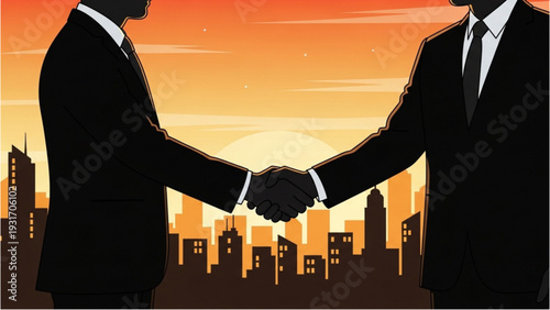 Two businessmen shaking hands in front of a city skyline at sunset.