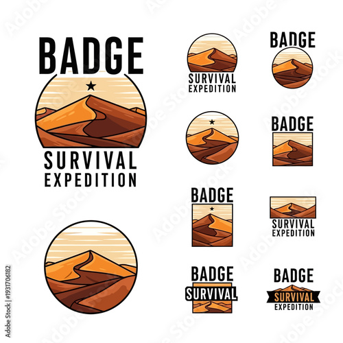 Collection of desert landscape badges and emblems featuring sand dunes and a star, representing survival expeditions.