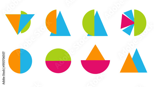 Abstract Geometric Shapes, Colorful Halves and Quarters of Circles and Triangles