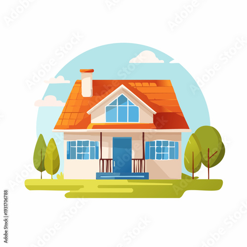 Charming suburban house illustration with a bright orange roof and lush green yard under a clear sky, depicting a comfortable family home