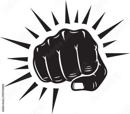 A clenched fist punches through sharp rays in a graphic illustration.