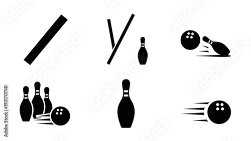 Bowling Icons Set: Pins, Ball, Strike, Spare, and Motion Graphics