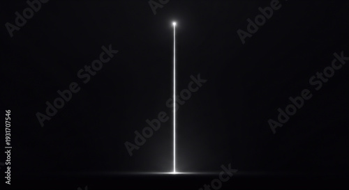 A single bright white light beam emerges from darkness, creating a vertical illuminated line against a black backdrop