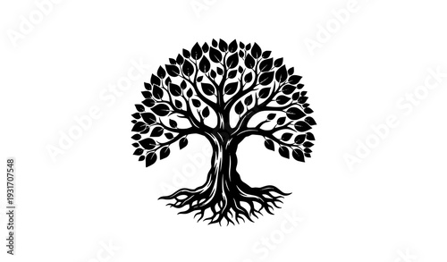 Vintage Tree of Life silhouette vector with detailed branches leaves and spreading roots isolated on white