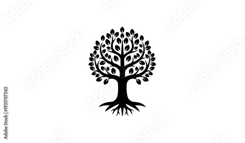 Minimal Tree of Life silhouette vector with symmetrical leaves and roots logo design isolated on white