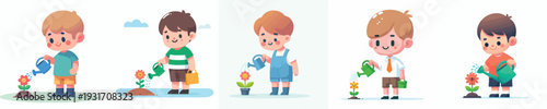 vector of a little boy watering a flower in spring