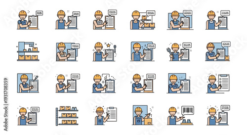 Set of construction worker flat design icons depicting various tasks and activities in the building industry on an isolated white background