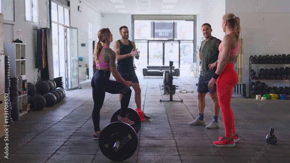 Fototapeta premium Athletes communicating and training in a modern gym