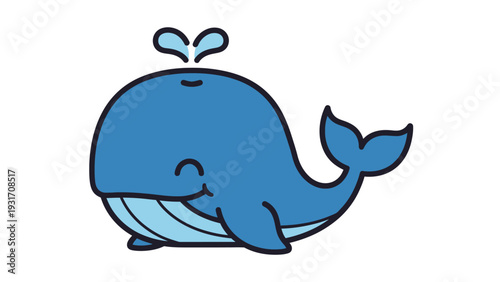 Cute Blue Whale Cartoon Character Spouting Water, Adorable Ocean Mammal