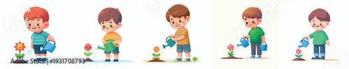 vector of a little boy watering a flower in spring
