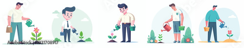 vector of a man watering a flower in spring