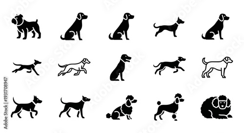 Collection of dog silhouettes in various poses and actions displayed across multiple illustrations