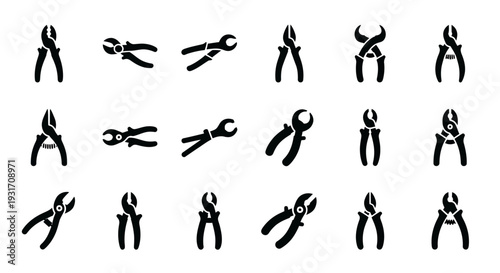Collection of various pliers icons arranged in grid pattern on white background viewed from directly above