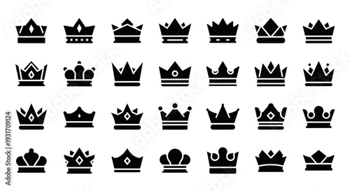 Collection of various crown icons displayed on a plain white background from a straightforward viewpoint