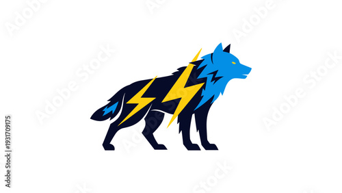 Energetic Wolf Logo with Lightning Bolt Design, Blue and Yellow