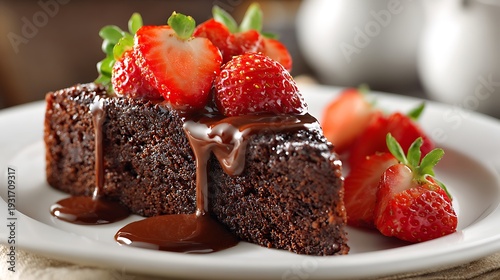 Decadent Chocolate Brownie with Raspberries and Mint, Fudgy Gourmet Dessert, Elegant Chocolate Dessert Photography, Powdered Sugar Topped Brownie, Rich Cocoa Indulgence,