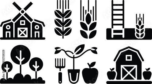 Agriculture farming icon set featuring barn windmill wheat tree tools and fruit black silhouette vector illustration isolated background