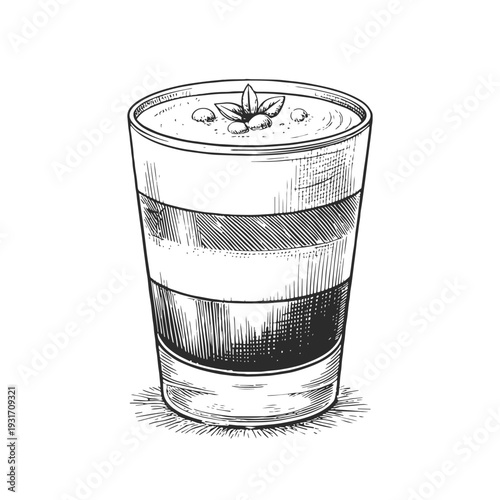 Vintage engraved vector illustration of a B-52 shot cocktail with layered liqueurs. Detailed black and white line art, ideal for bar menus, nightlife branding, cocktail packaging, and mixology design.