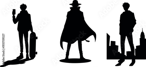 Edgy street warrior silhouette with cape and skateboard against modern urban architecture bold fantasy illustration