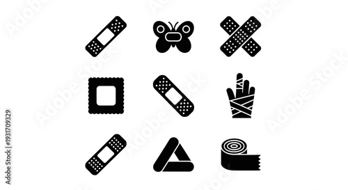 Medical icons set displayed on a clean white background, showcasing various bandages and medical supplies from a straightforward viewpoint