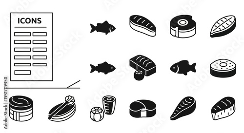 Collection of sushi and seafood icons with template in monochrome illustrations