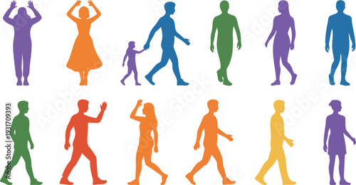 Group of people silhouettes representing diversity, community, inclusion and unity in modern minimal flat vector illustration