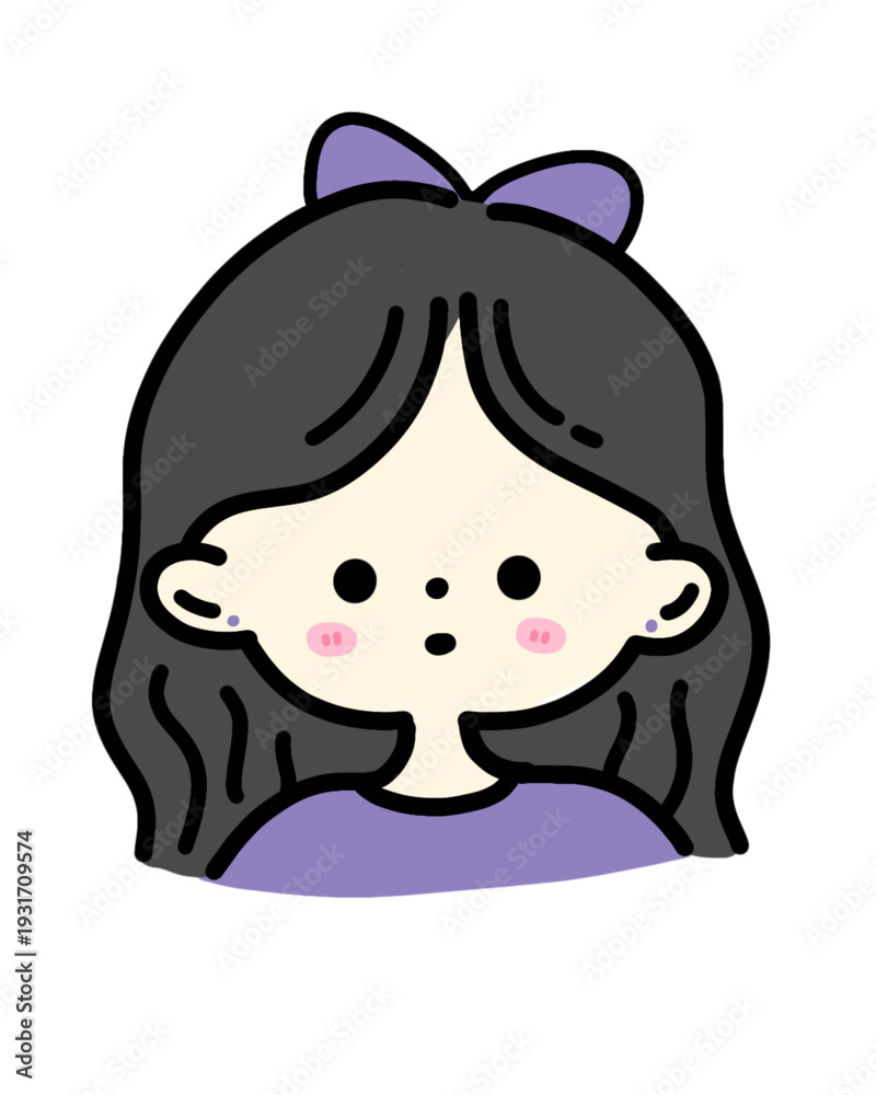 Obraz premium a simple and charming cartoon illustration of a girl with long hair and a purple bow. perfect for various design projects
