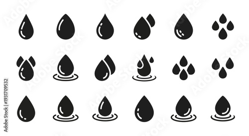 Collection of black water droplet icons in various shapes and forms displayed on a plain background
