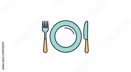 Simple illustration of a plate with a fork and knife.